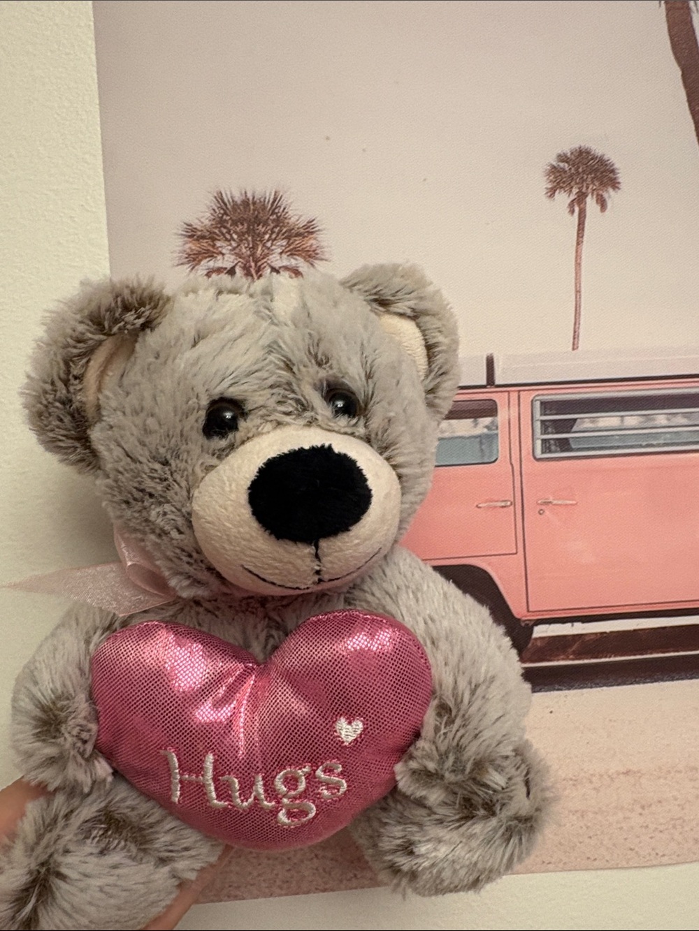 Grey Plush Bear with Pink Heart 'Hugs' - Soft Home Accent